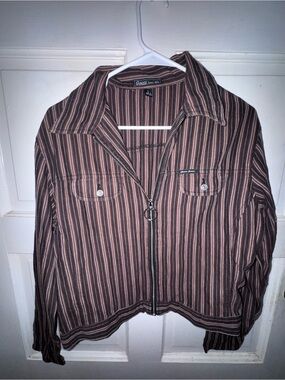 Chic Vintage Guess Striped Zip-Up Jacket — Brown & Pink Stripes